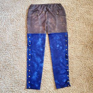 Misslook Brass Snap Elastic Waist Hip Pocket Brown Blue Poly Pants 34" x 33.5"